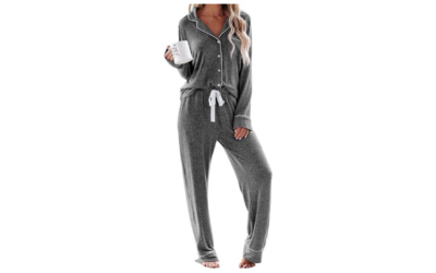 Aamikast Women’s Pajama Set – Soft Long Sleeve Button-Down Sleepwear with Elastic Waist Lounge Pants