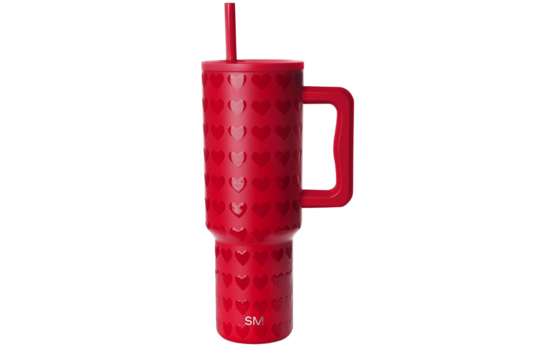 Simple Modern 40 oz Tumbler with Handle & Straw Lid – Insulated Stainless Steel Travel Mug, Valentine’s Day Gift for Women, Red Hearts Design