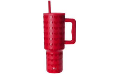 Simple Modern 40 oz Tumbler with Handle & Straw Lid – Insulated Stainless Steel Travel Mug, Valentine’s Day Gift for Women, Red Hearts Design
