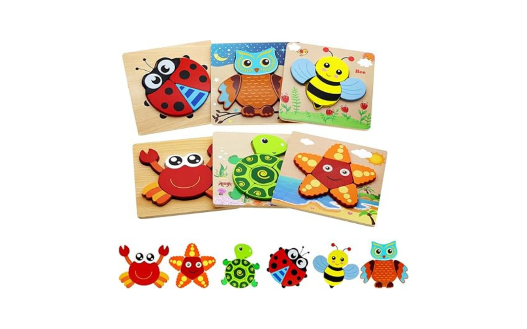 Montessori Toys for 1 2 3 Year Old Boys Girls Wooden Toddler Puzzles Kids Infant Baby Educational Learning Toys for Toddlers 1-3 Gifts 6 Animal Shape Jigsaw Eco Friendly Travel STEM Building Toy Games