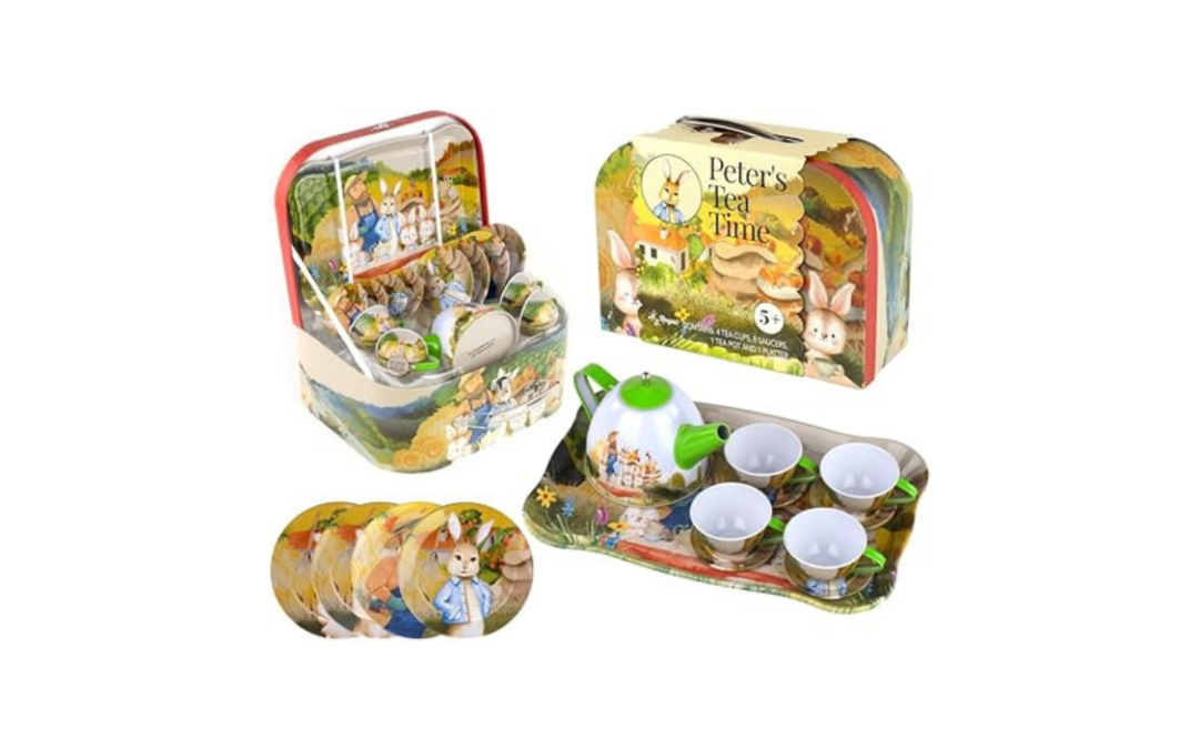 Regal Games Peter’s Tea Party Set – Peter Rabbit Designed Kid’s Tea Time Set – Includes 1 Teapot, 4 Cups, 4 Saucers, 1 Platter & Storage Case – Ideal Birthday & Easter